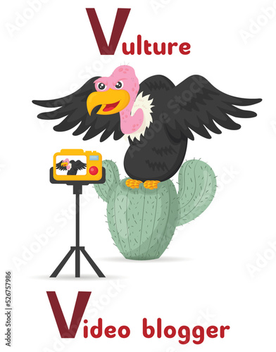 Latin alphabet ABC animal professions starting with letter v vulture video blogger in cartoon style.