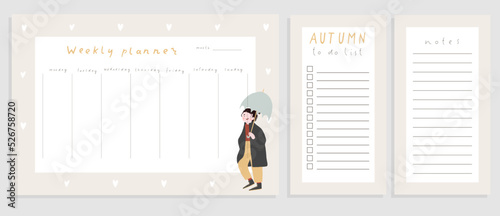 Cute Autumn and Fall Notebook design. Daily Planner Template. Organizer and Schedule with Notes and To Do List. Isolated. Trendy Concept Sticker set. Modern scheduler or organizer. Vector illustration