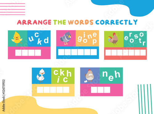 Arrange the words correctly. Worksheet for preschool. Writing practice. Vector file.