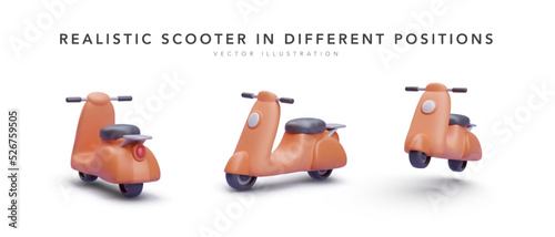 Set of 3d realistic scooter in different position isolated on white background. Vector illustration