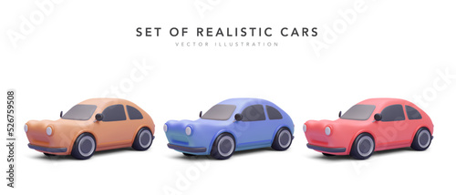 Set of 3d realistic colour cars with shadow isolated on white background. Vector illustration