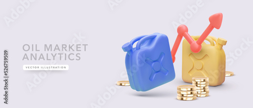 Concept banner for oil market analytics in 3d realistic style. Vector illustration