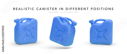 Set of 3d realistic blue canister with shadow in different positions. Vector illustration