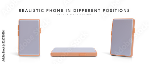 Set of 3d realistic phone in different position isolated on white background. Vector illustration