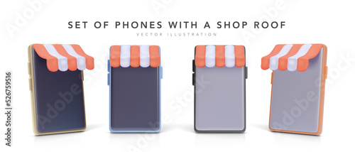 Set of 3d realistic phone with a shop roof isolated on white background. Vector illustration
