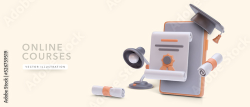 Concept banner for online courses service in 3d realistic style. Vector illustration