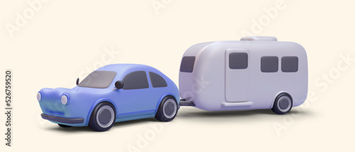 3d realistic blue car with trailer isolated on yellow background. Vector illustration