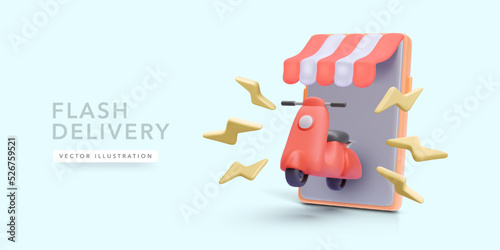 Concept poster for fast delivery service with phone and scooter in 3d realistic style. Vector illustration
