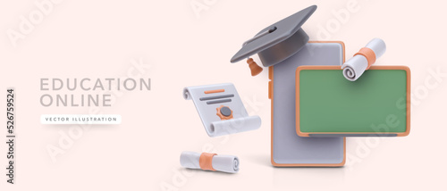 Concept banner for online education service in 3d realistic style. Vector illustration