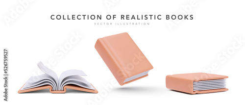 Collection of 3d realistic books with shadow isolated on white background. Vector illustration