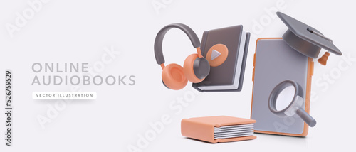 Concept banner for online audiobooks service in realistic 3d style. Vector illustration