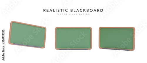 Set of 3d realistic green blackboard in different position. Vector illustration