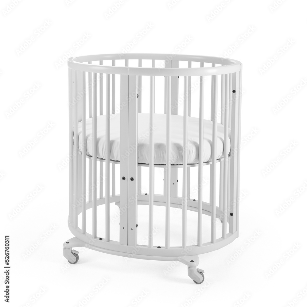 White Oval Mini Baby Crib Bundle Isolated on White Background. Space