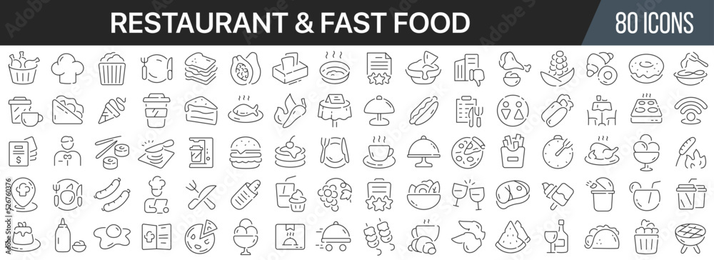 Restaurant and fast food line icons collection. Big UI icon set in a flat design. Thin outline icons pack. Vector illustration EPS10
