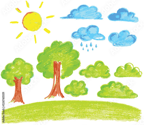 Kid's draw with a crayon.Sun, clound and tree set.