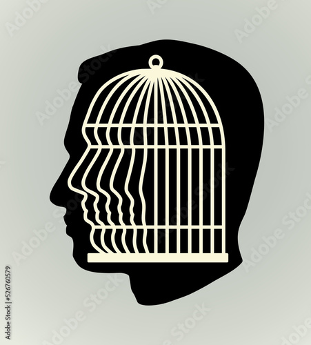 Iron cage in form of man face. Vector drawing icon