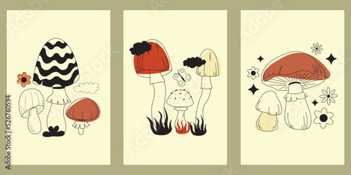 Various poster magic mushrooms. Cute doodle elements. Retro outline mushrooms. Line design. Vector flat illustration on an isolated background.