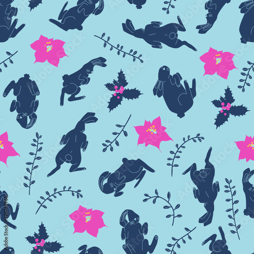 Vector Christmas seamless pattern with hares in various poses. Symbol of 2023, poinsettia plants and flowers, holly berries. Trendy background for design, t-shirt prints, wallpapers.