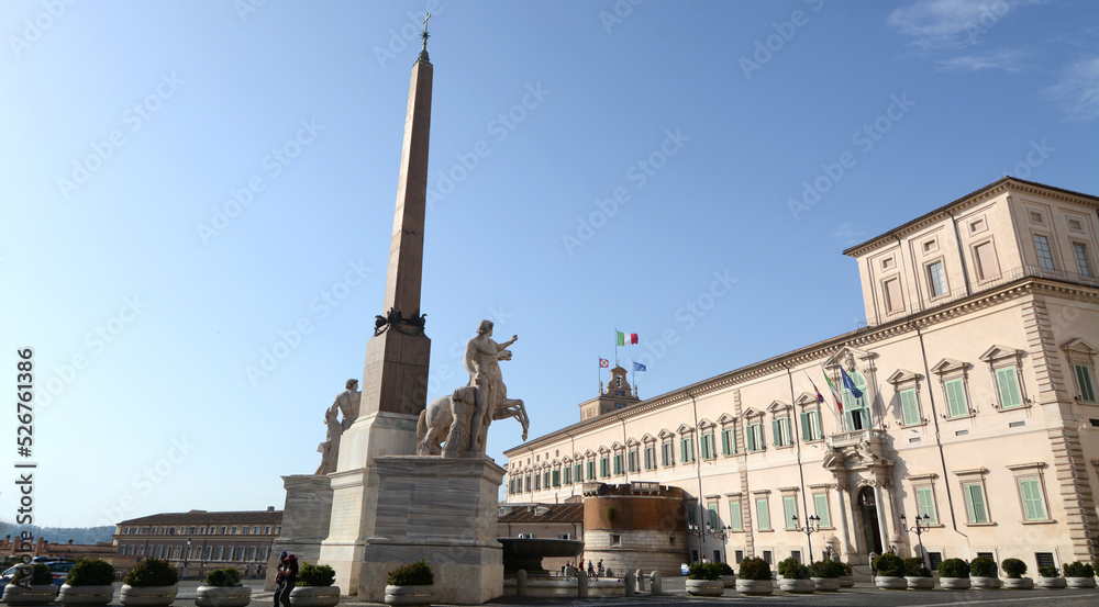 the Quirinal Palace was the seat of the Popes and now the President of the Republic. The obelisk of the Quirinale and the  Consulta palace are on the square.