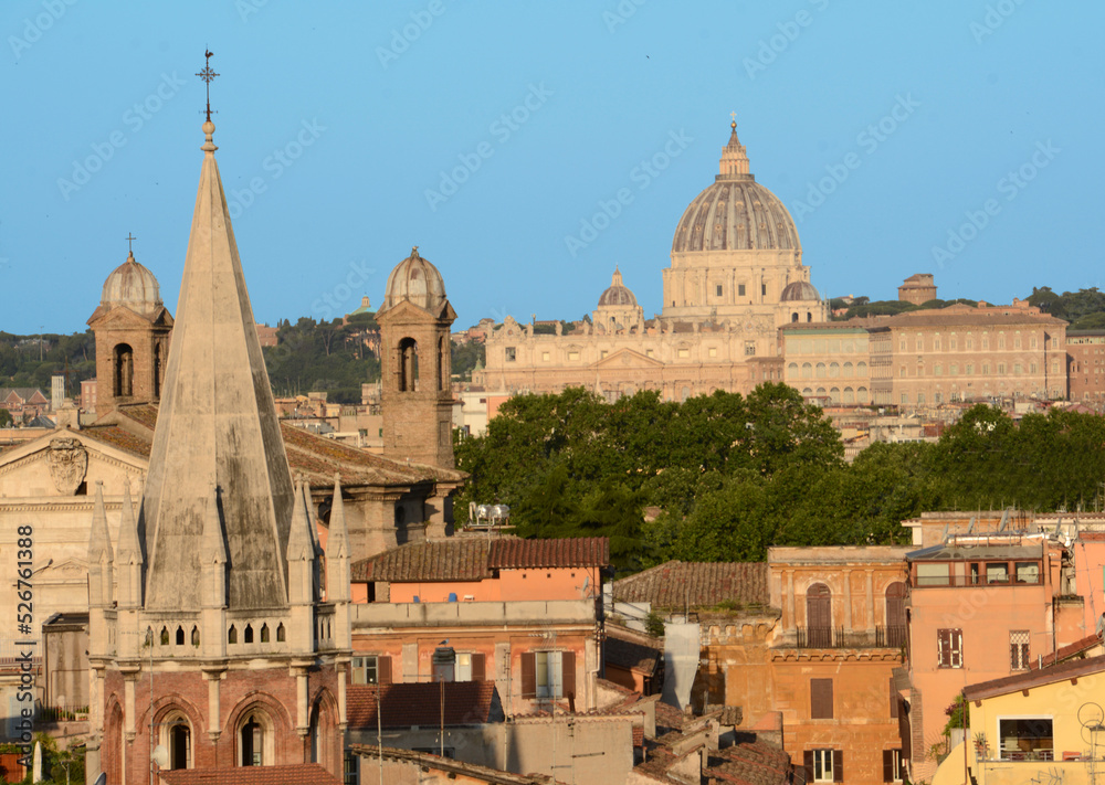 Panorama on the domes of Rome from Villa Borghese and Picio in the early morning light