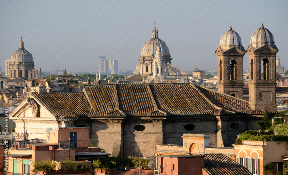 Panorama on the domes of Rome from Villa Borghese and Picio in the early morning light