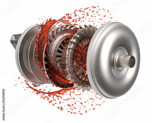Exploded view of car torque converter. Torque converter with transmission oil. Car torque converter. Transmission oil is red. photo
