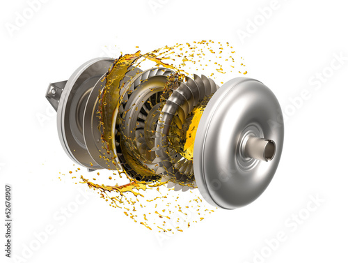 Car torque converter with transmission oil in exploded view.