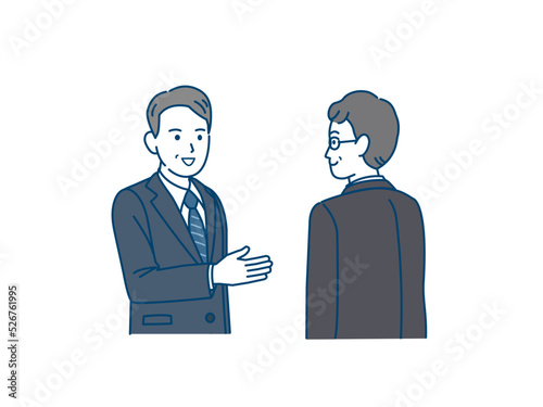 会話　話す　スーツ姿の男性　中年　ミドル　会社員　ビジネスマン　打ち合わせ　イラスト