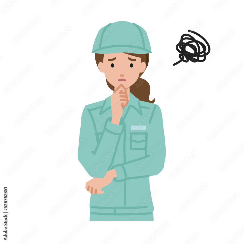 立って手をあごにあてて困っている作業員の女性 立って手をあごにあてて困っている作業員の女性