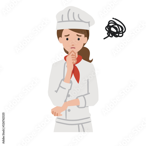 立って手をあごにあてて困っている調理師の女性