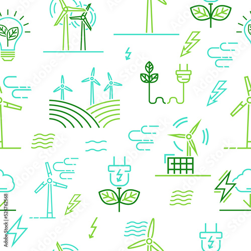 Wind power seamless pattern. Vector illustration in outline style