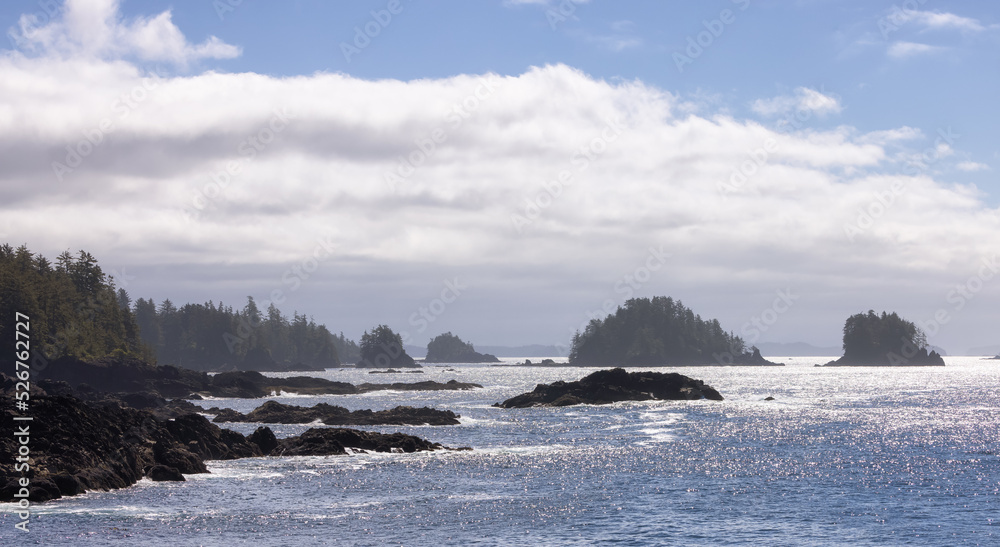 Rugged Rocks on a rocky shore on the West Coast of Pacific Ocean. Summer Morning Sky. Ucluelet, Vancouver Island, British Columbia, Canada. Nature Background