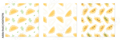 Set, collection of three vector seamless pattern backgrounds with cute smiling pierogi characters, filled dumplings for food design.
