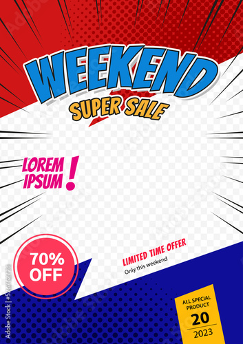 Promotion media sale, super sale, discount in comic pop art style. Poster can be used for banners, flyers, outdoor printing, web. Bright vector illustration