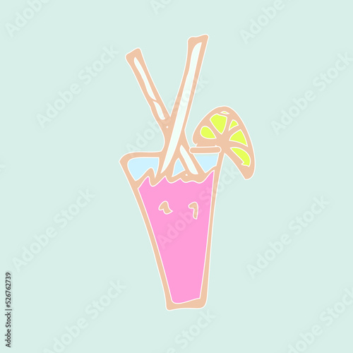 Doodle hand drawn illustration, cocktail glass with slice of lime, tubules, for travel, trip, vacation, isolated on the white background