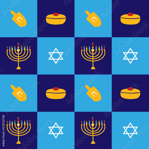 Hanukkah vector seamless pattern background with david star, menorah, sufganiyot and dreidel. photo