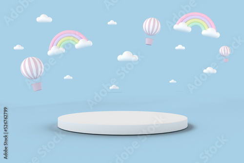 Round product display podium with clouds, rainbows, and hot air balloons on the sky in pastel tone color for baby and kid. 3D rendering.