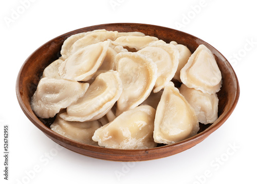 Dumplings with filling isolated on white background. Varenyky, vareniki, pierogi, pyrohy with filling. With clipping path.