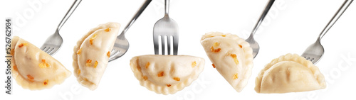 Tableau sur toile Dumpling with fried onions impaled on a fork  isolated on white background