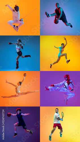Vertical set of images of different professional athlete, fit people in action, motion isolated on multicolor background in neon. Collage © master1305