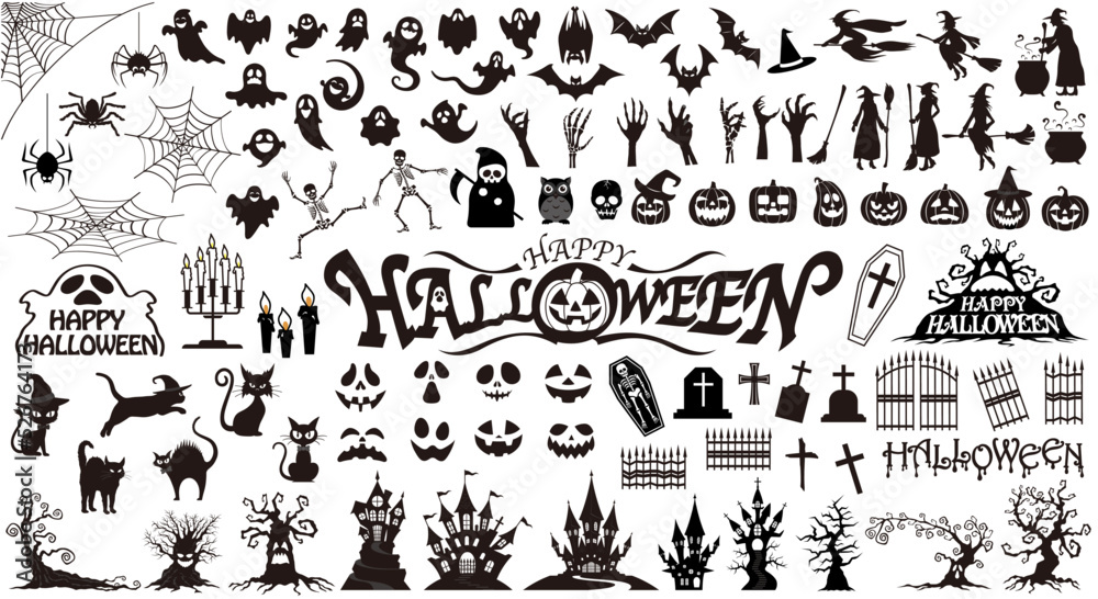 Happy Halloween Silhouette Vector Illustration Set Isolated On A White Background, Vector Illustration. 