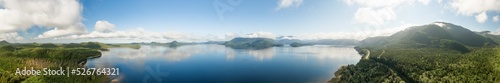 Aerial Panoramic View of Kennedy Lake during a vibrant sunny day. Located on the West Coast of Vancouver Island near Tofino and Ucluelet, British Columbia, Canada.