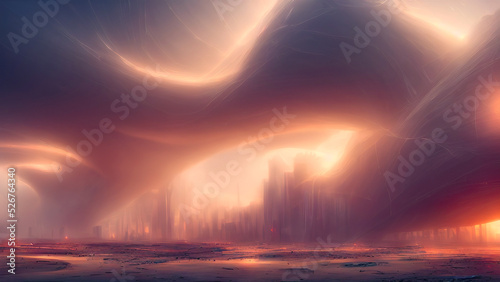 Sandstorm in the city  fantasy landscape  unreal world. 3D illustration