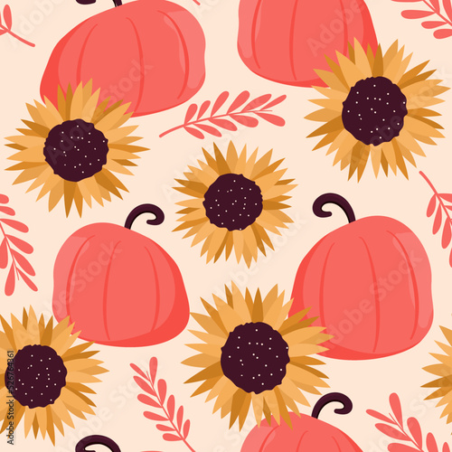 cute abstract fall autumn season  seamless vector pattern background illustration with beautiful colorful pink pumpkins, branch with leaves and sunflowers

