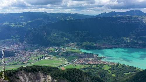 Beautiful Lake Brienz view from Schynige Platte trail in Bernese Oberland, Canton of Bern, Switzerland. Popular mountain in the Swiss Alps called Schynige Platte in Switzerland, aerial view. photo