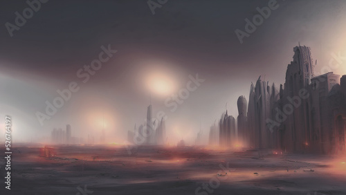 Sandstorm in the city  fantasy landscape  unreal world. 3D illustration