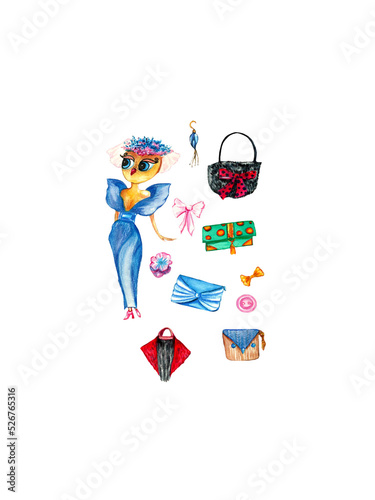 Watercolor drawing of an owl and accessories. Set image for stickers, postcards, prints, candelaria.