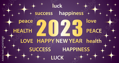 2023 Happy New Year. Purple and gold greeting card with best wishes. Vector illustration banner.