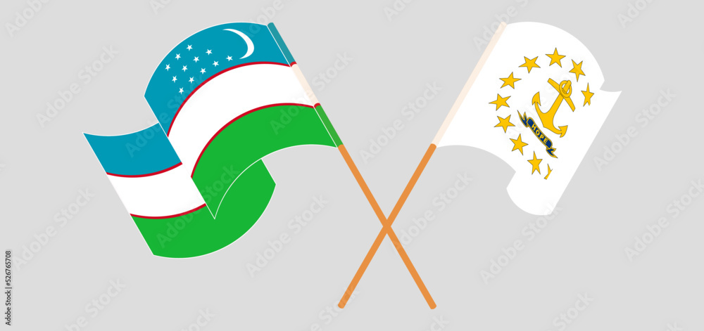 Obraz premium Crossed and waving flags of Uzbekistan and the State of Rhode Island