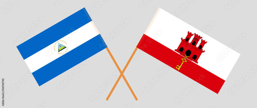 Crossed flags of Nicaragua and Gibraltar. Official colors. Correct proportion